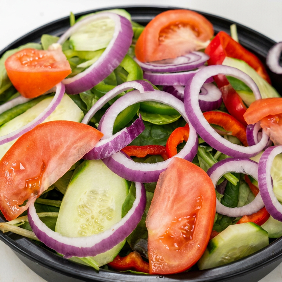 Fresh garden salad in a black bowl with leafy greens, tomatoes, cucumbers, red onions, peppers, and olives.