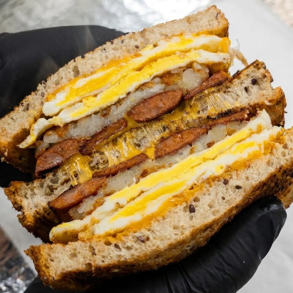 Gloved hands hold a toasted multigrain sandwich layered with fried eggs, melted cheese, sausage, and translucent grilled onions.