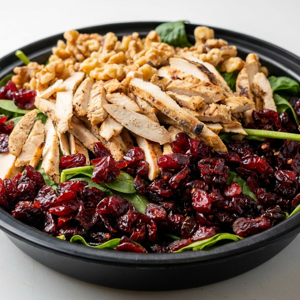 Black bowl of leafy green salad topped with grilled chicken strips, dried cranberries, and walnut pieces.