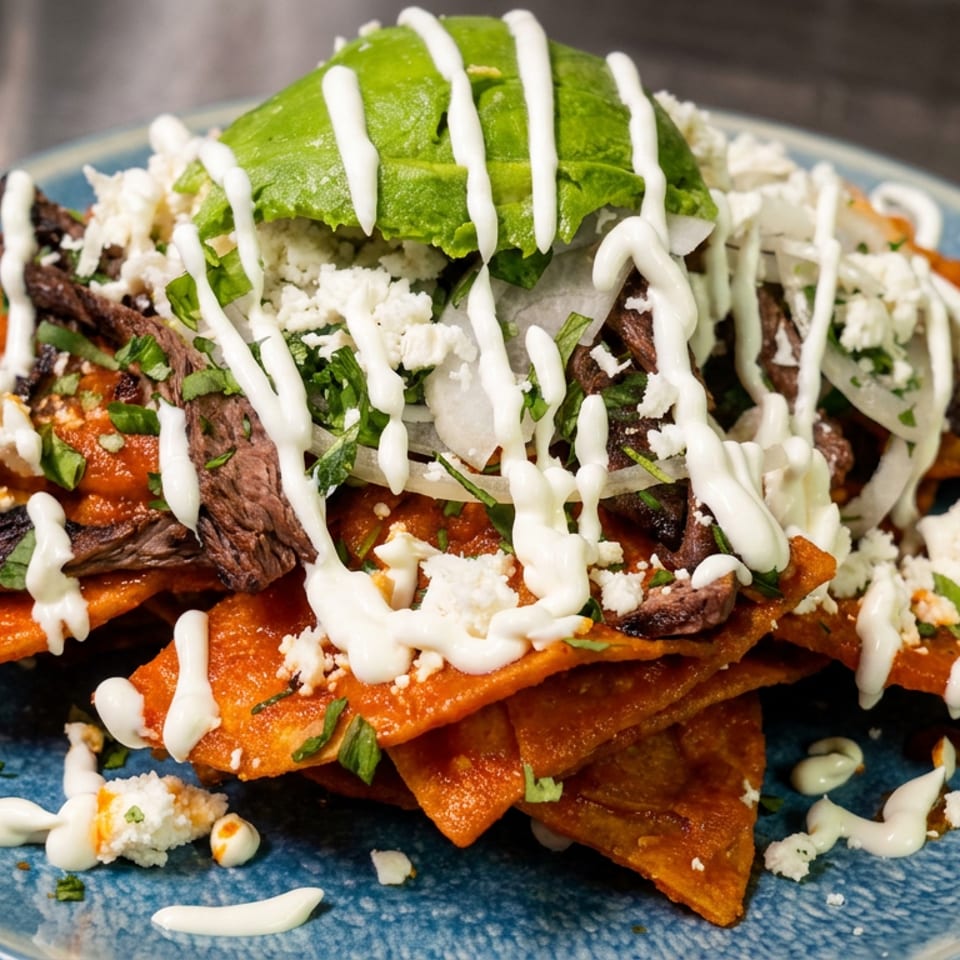 Sweet potato chips topped with grilled steak, avocado, queso fresco, herbs, and drizzled cream on a blue plate.