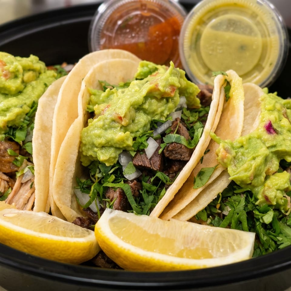 Three soft tacos filled with seasoned meats, cilantro, onion, and guacamole, served with lemon wedges and salsa.