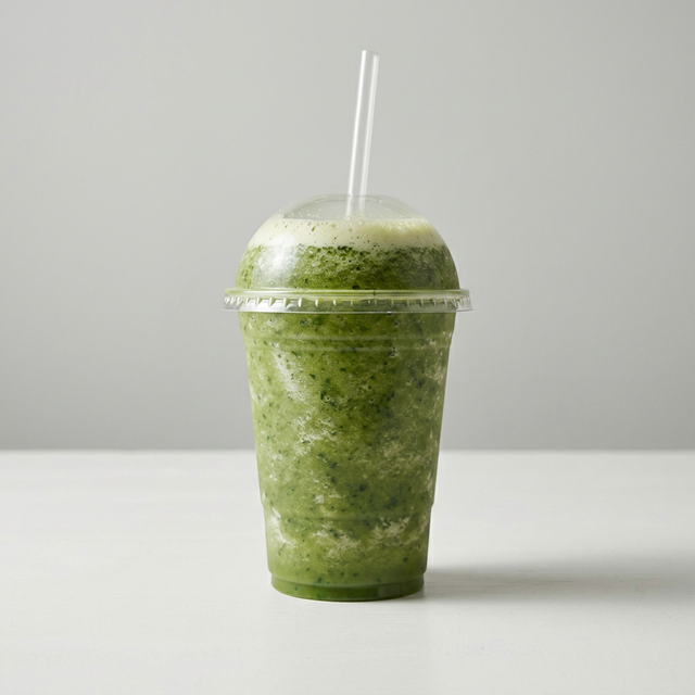 Green Smoothie, Cucumber, Green Apple, Kale, Orange Juice, Spinach, Pineapple, Celery, Ginger.